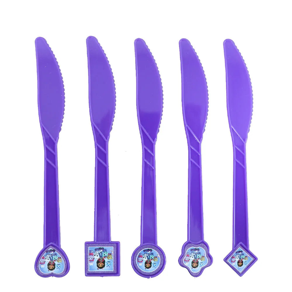Set of five purple plastic knives with cartoon character designs on a white background