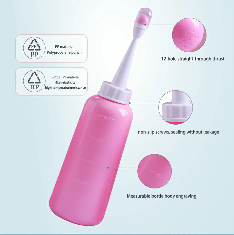Pink bottle with various features highlighted on a light blue background