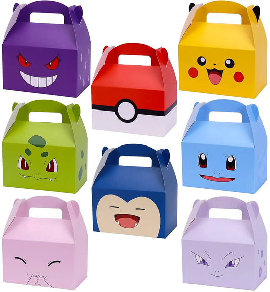 Set of colorful cartoon-themed party favor boxes on a white background