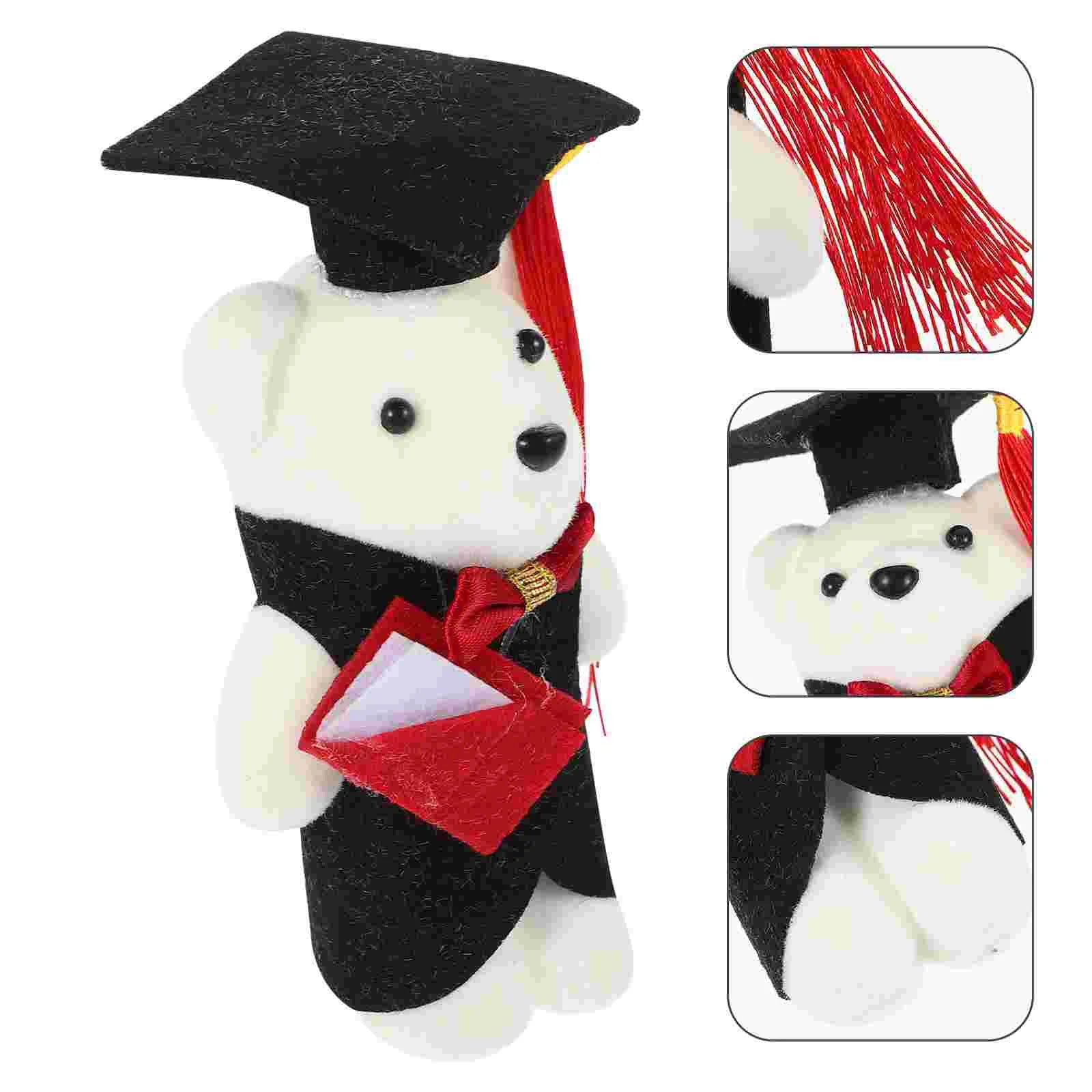 Graduation-themed plush bear with cap and gown, surrounded by close-up insets.