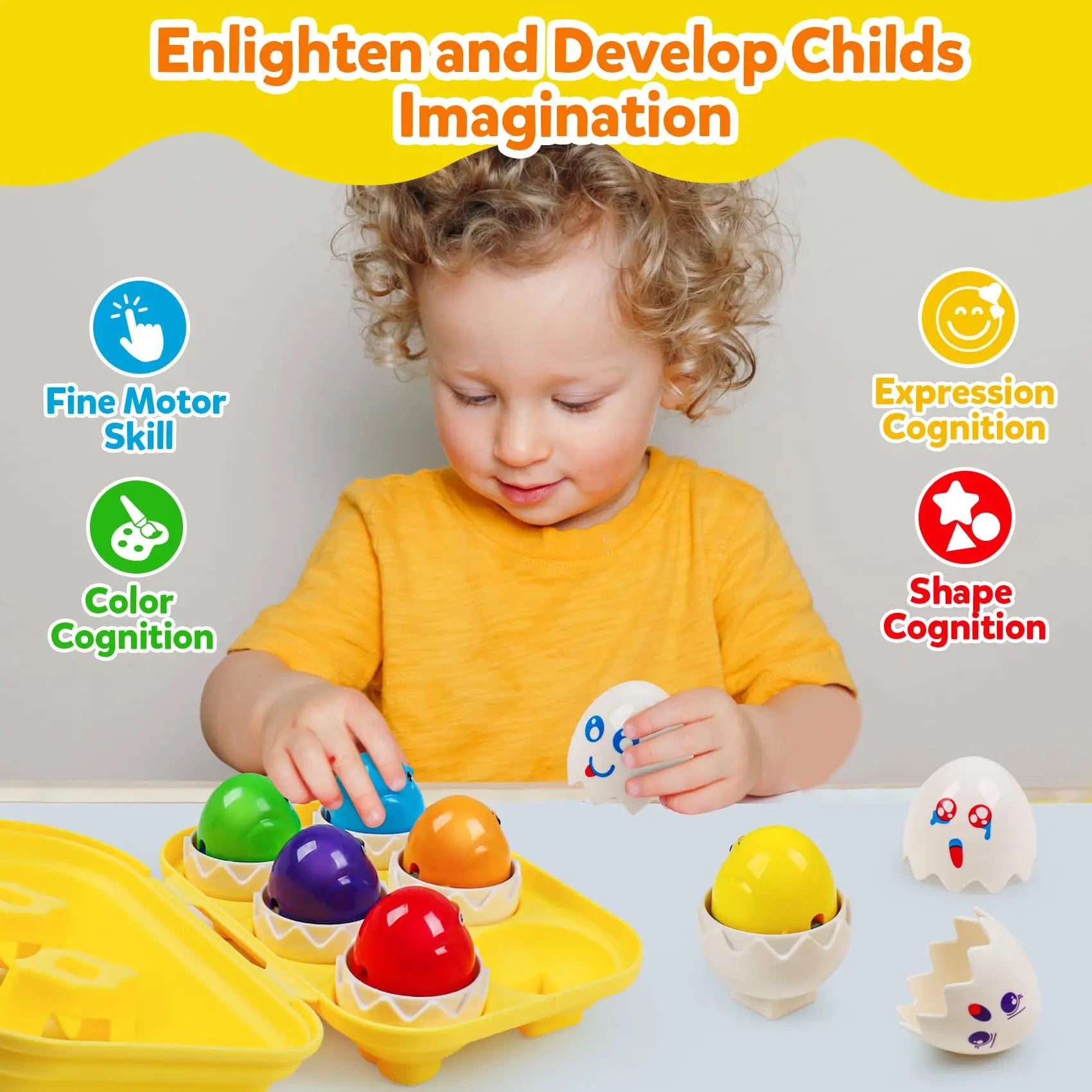 Child playing with colorful toys that enhance fine motor skills, color cognition, expression cognition, and shape cognition.