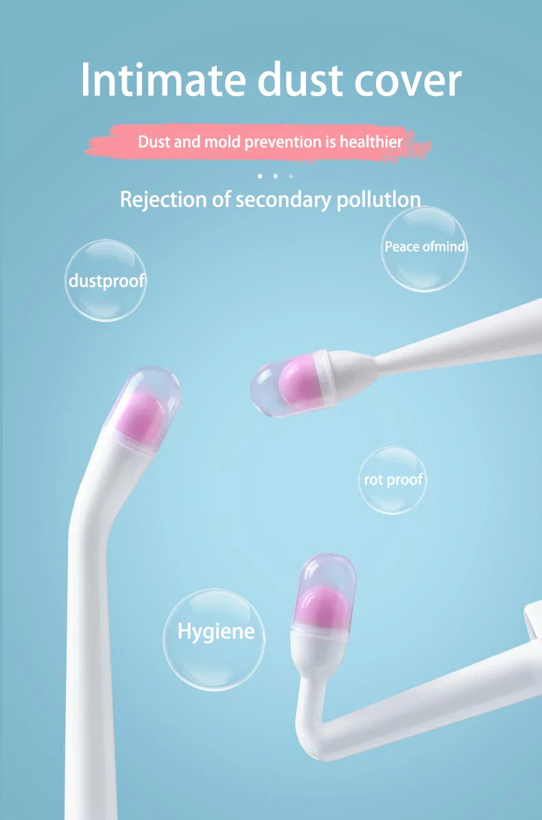 Product with pink and clear components on a blue background, featuring text about hygiene and dust prevention.
