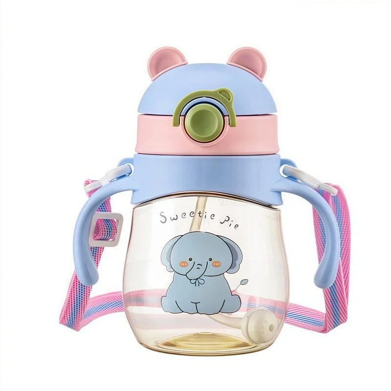 Children's water bottle with elephant design and pink and blue accents on a white background