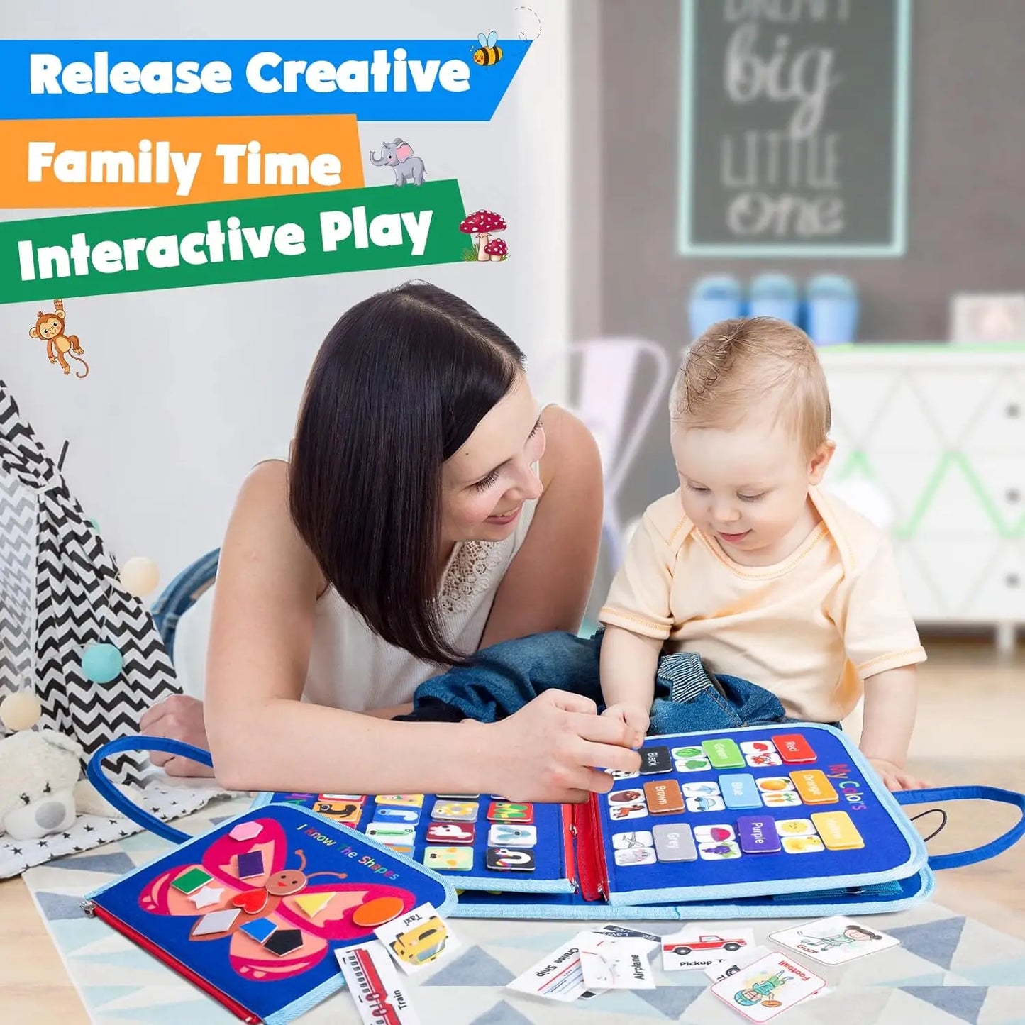 Woman and child playing with educational toys on a table, with text about creative family time play.