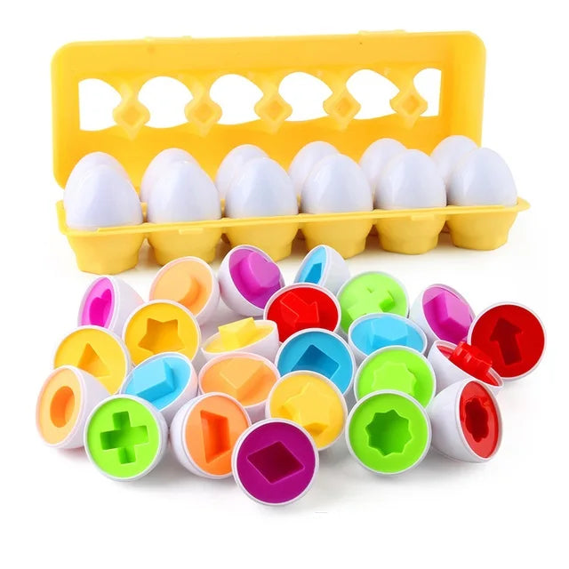 Colorful geometric shape sorting toys with a yellow egg carton on a white background