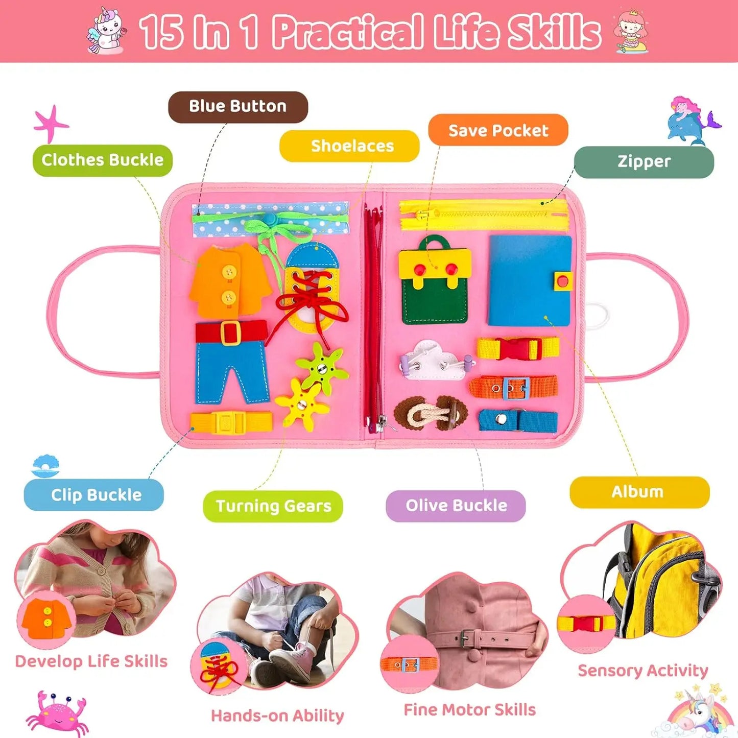 Pink educational toy with various components labeled, designed to teach practical life skills.