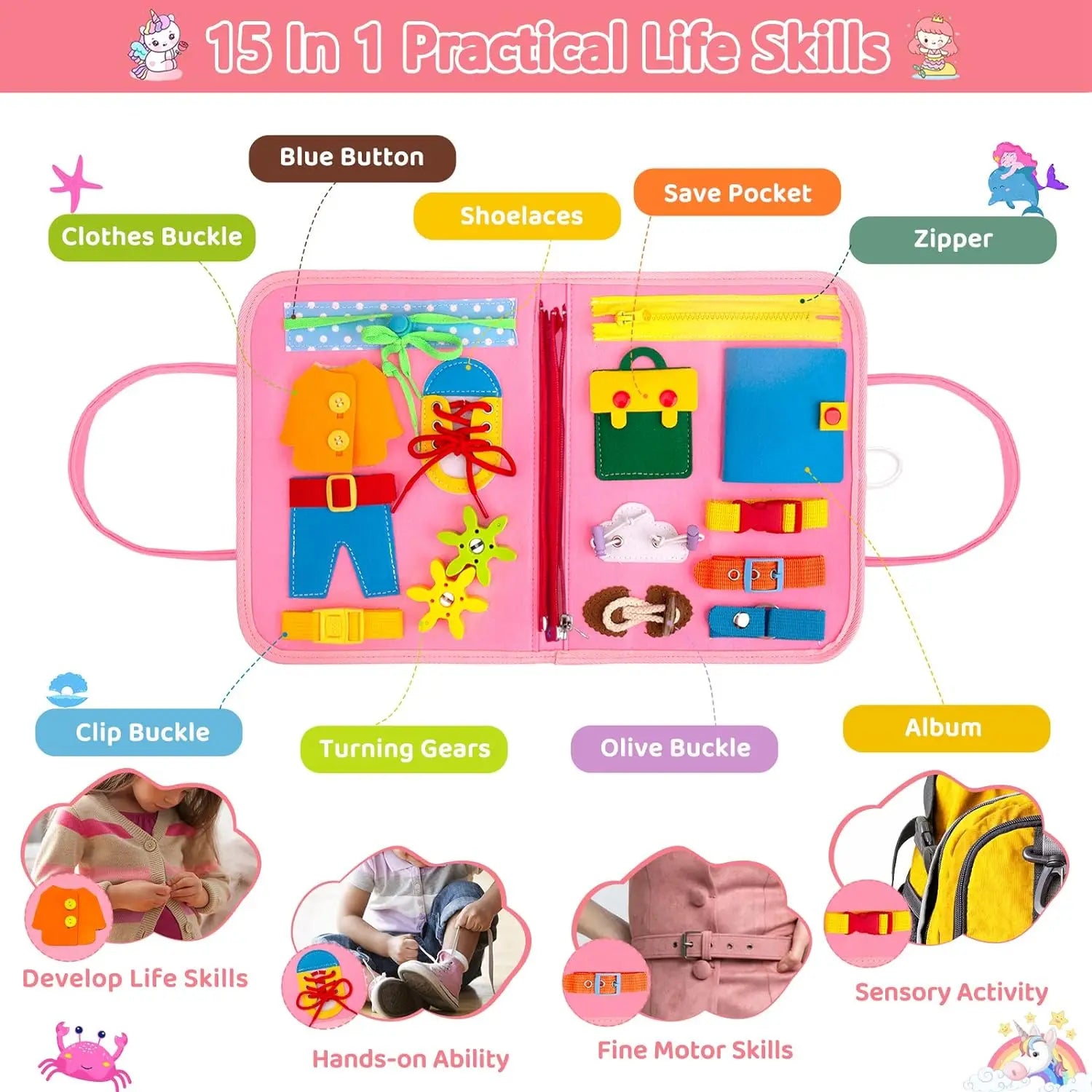 Pink educational toy with various components labeled, designed to teach practical life skills.