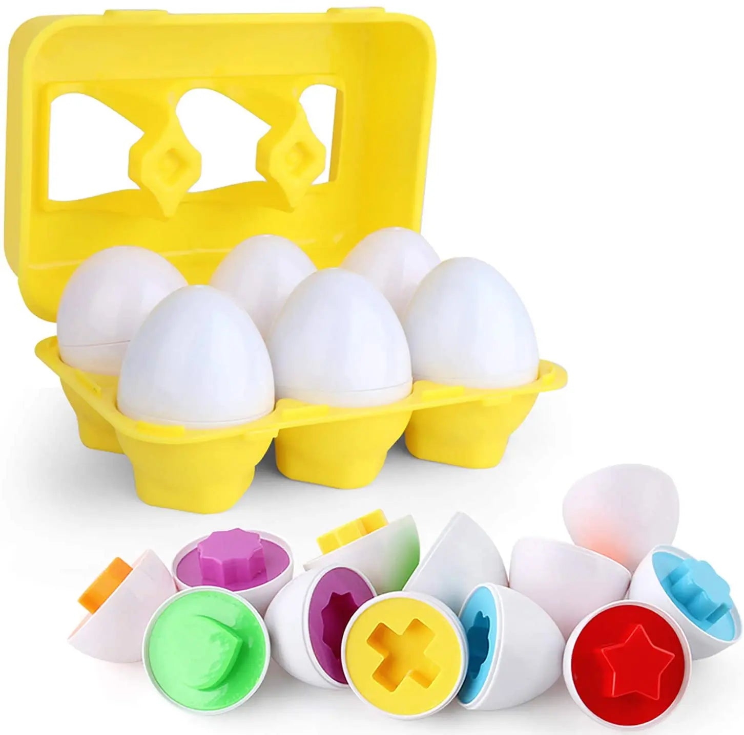 Colorful egg-shaped stamps with a yellow egg carton on a white background