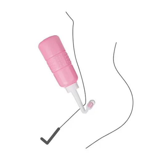 Pink and white earbud with a small black device attached on a white background