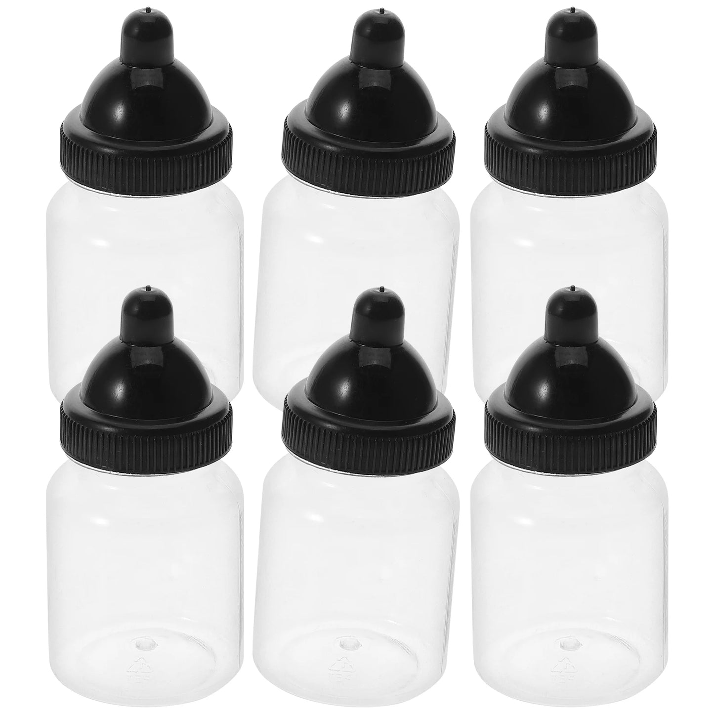 Set of six clear bottles with black lids on a white background