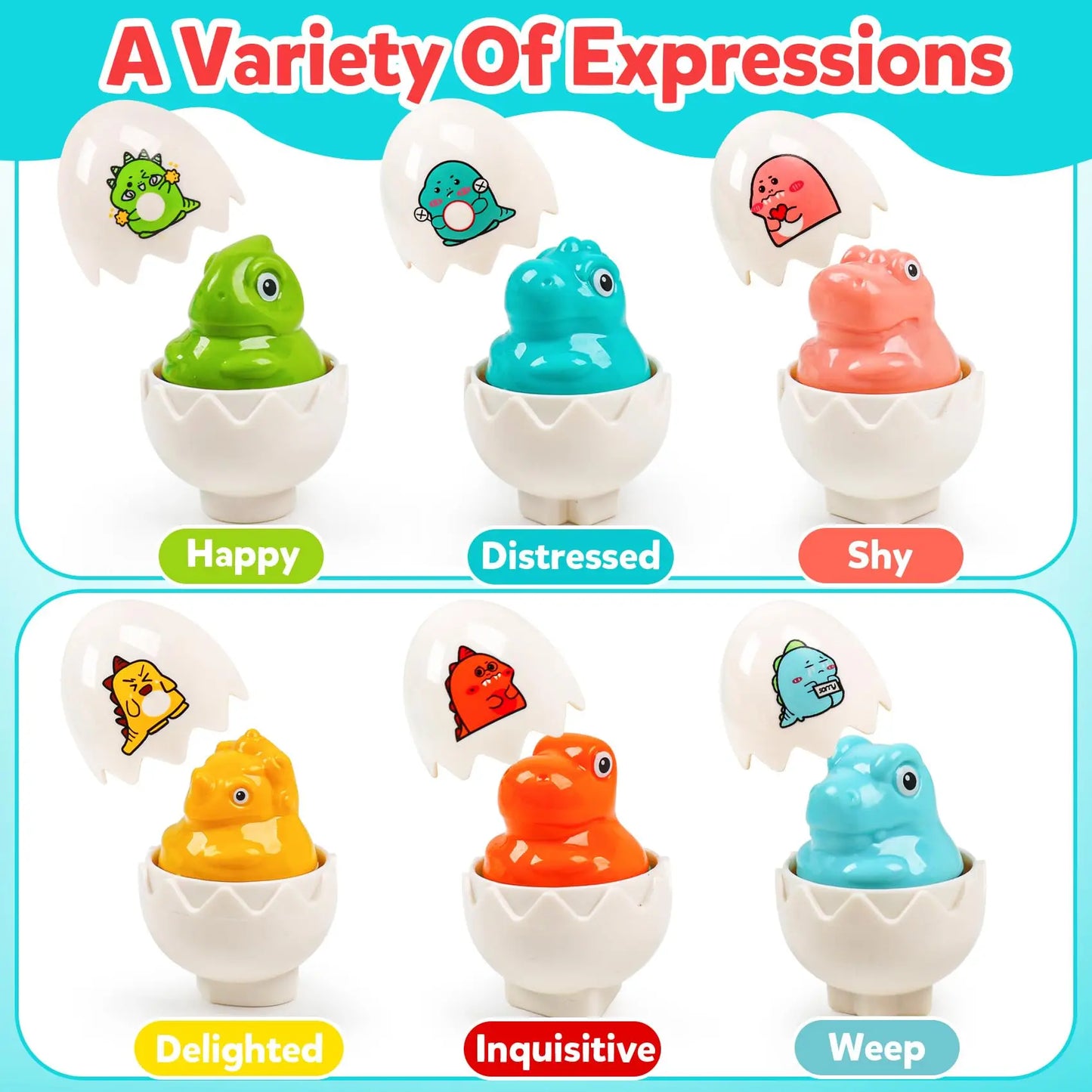 Set of colorful toy figures in various expressions with labeled emotions on a blue background.