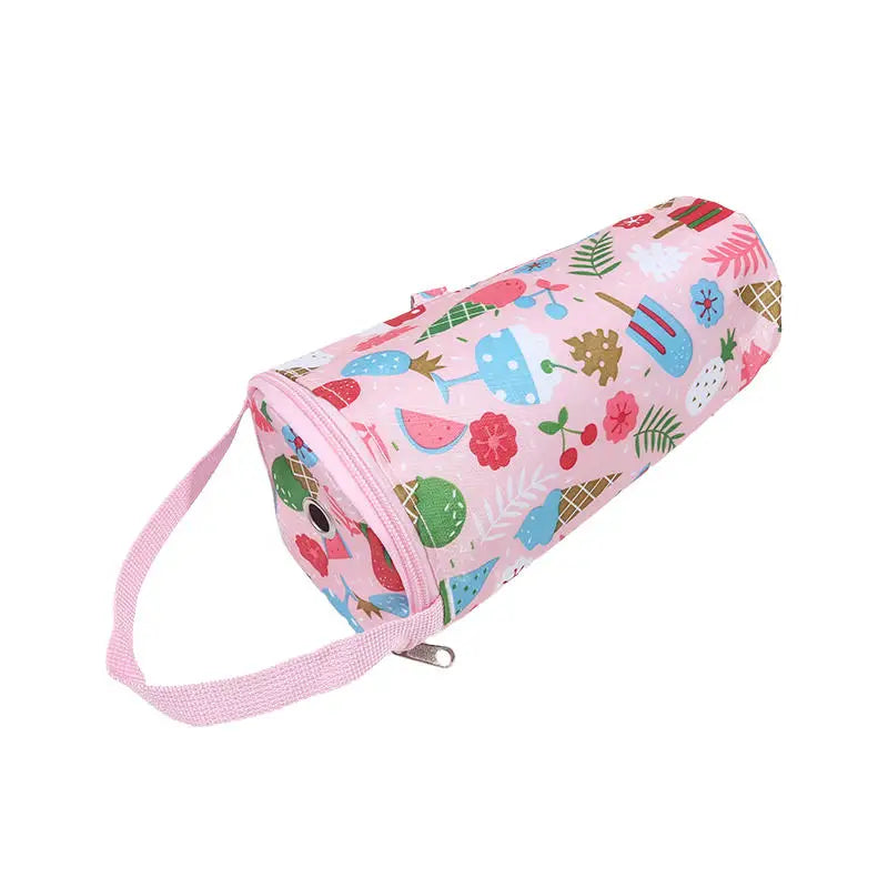 Pink cylindrical pouch with colorful patterns on a white background