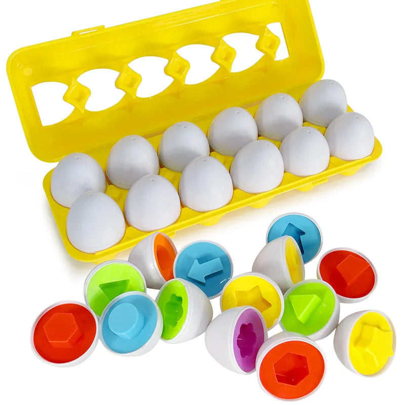 Colorful geometric shape sorting toys with a yellow egg carton container on a white background