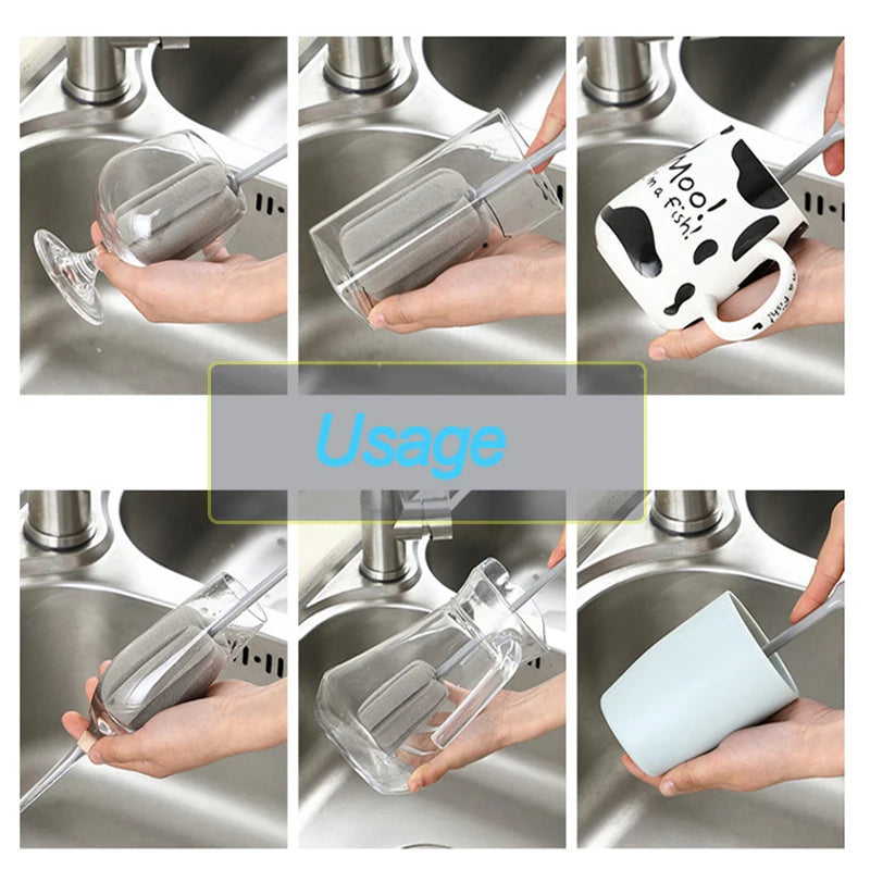 Collage of a cleaning tool being used to clean various glass and ceramic items in a sink.