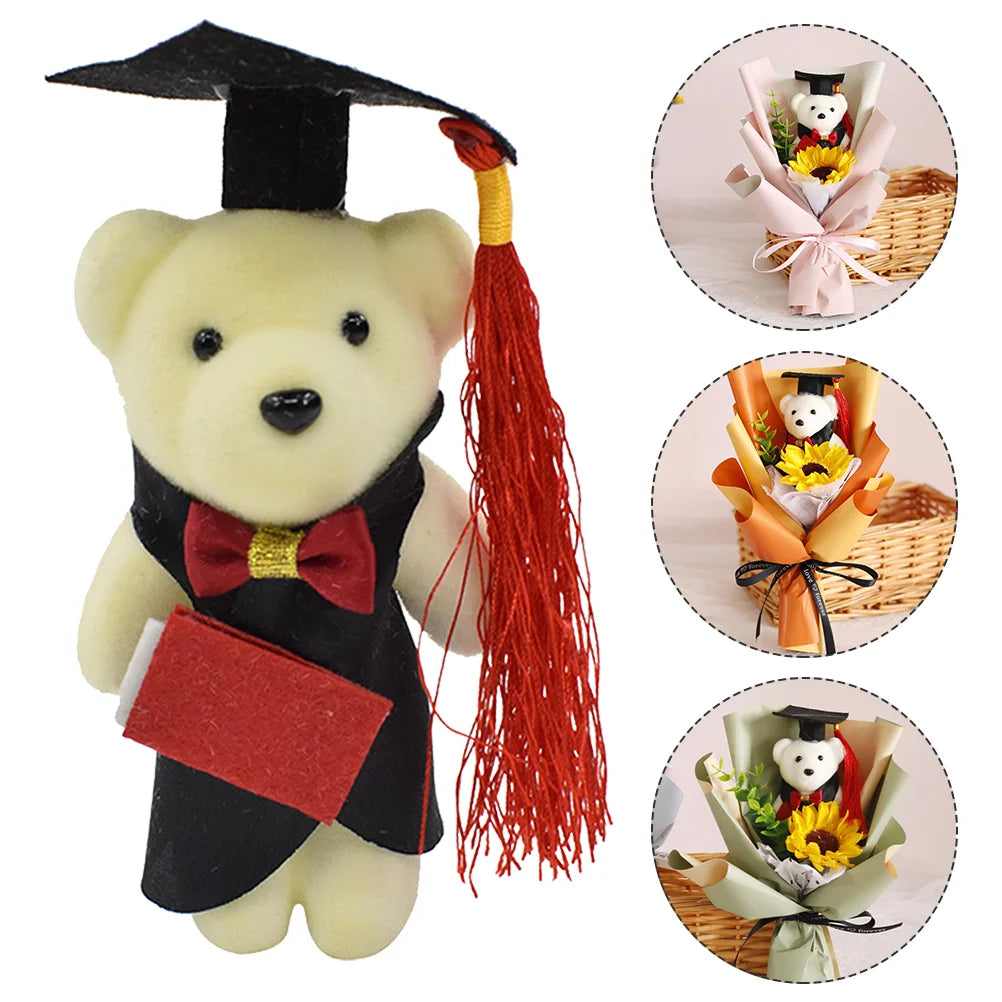 Graduation-themed teddy bear with cap and tassel, surrounded by gift ideas.