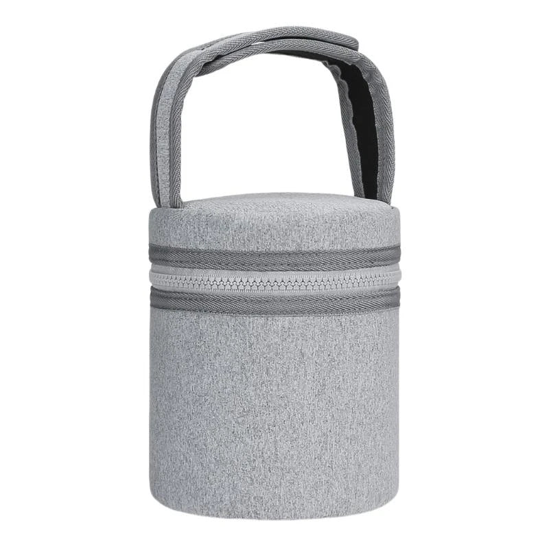 Gray cylindrical pouch with a handle on a white background