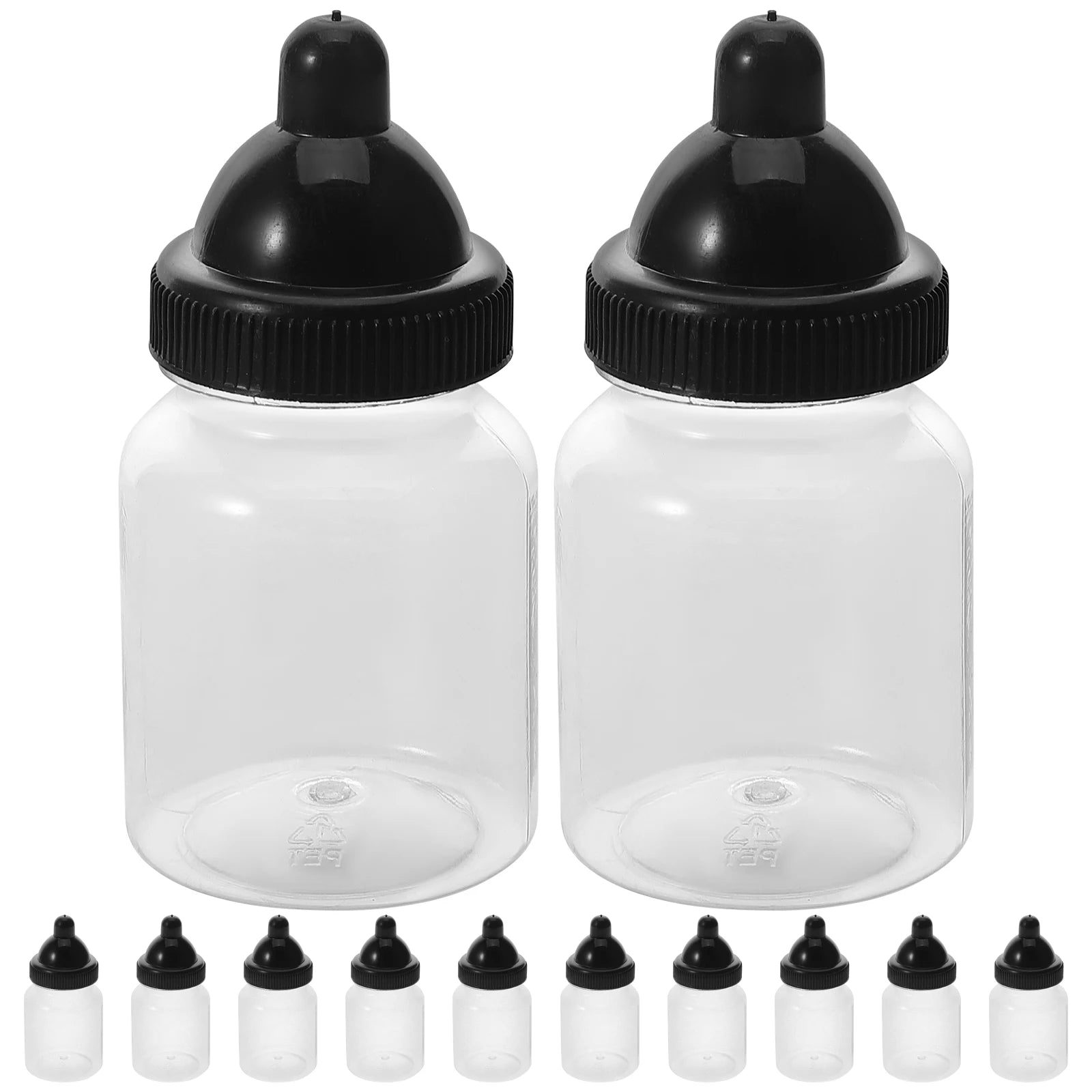 Two clear bottles with black lids and additional small bottles with black caps on a white background