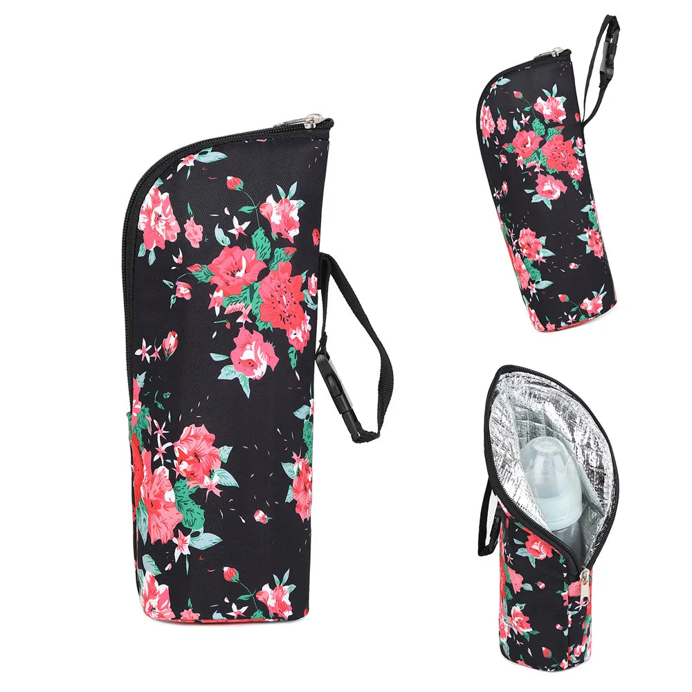 Floral-patterned insulated bag with a smaller floral pouch on a white background