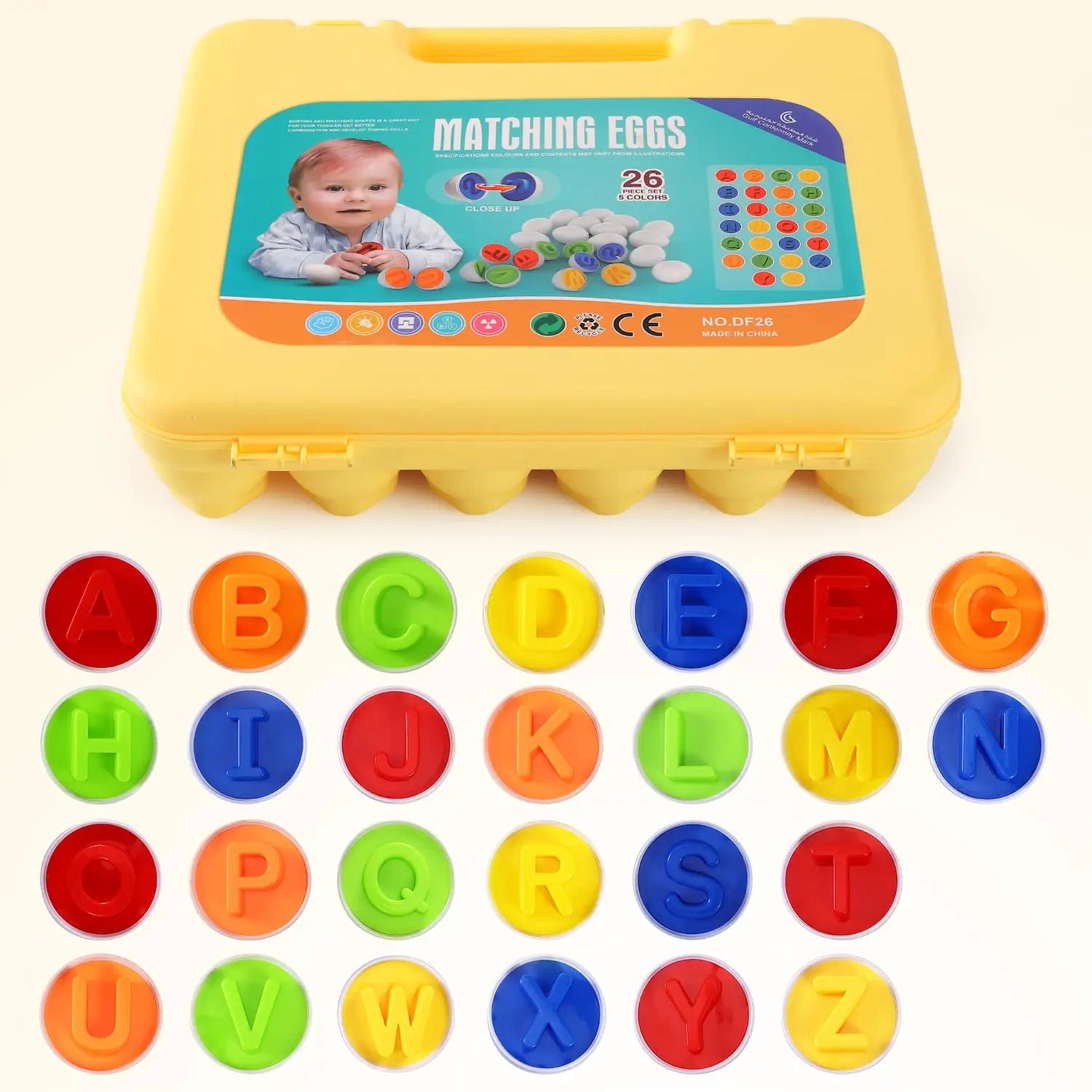 Toy set with colorful letters and matching eggs in a yellow carrying case.