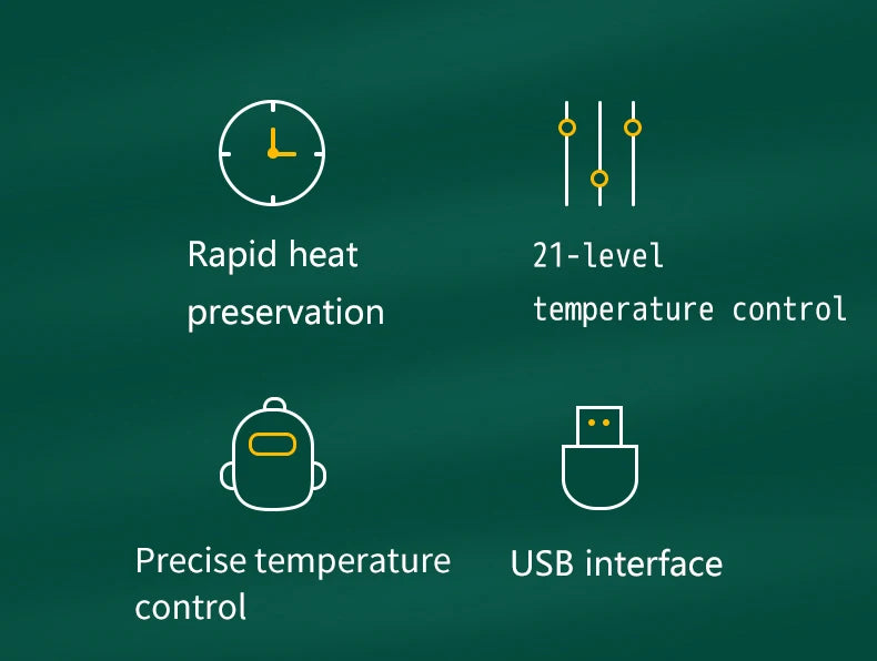 Features of a device with icons and text on a green background