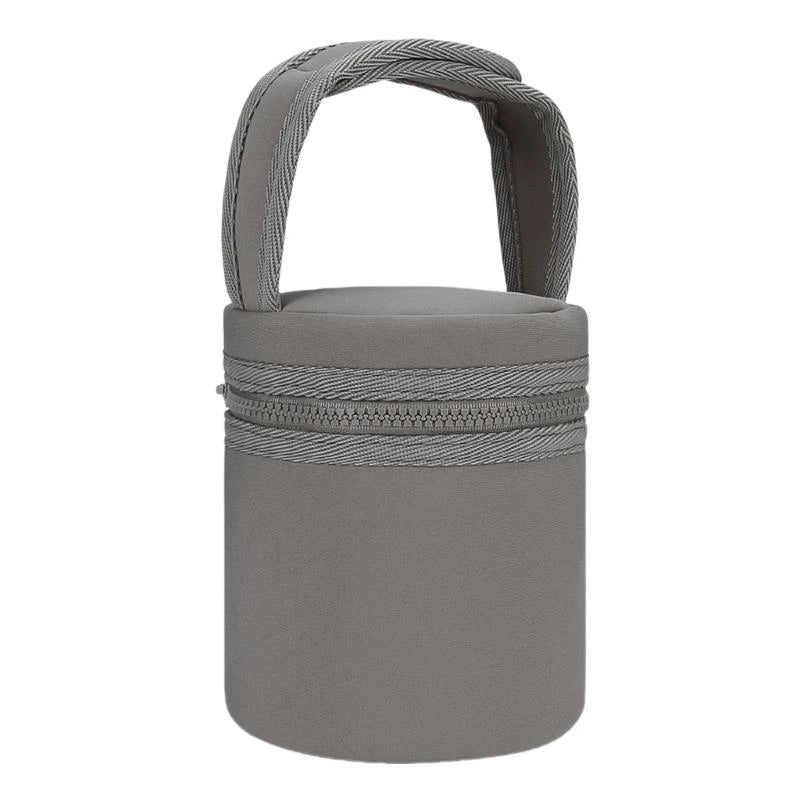 Gray cylindrical pouch with handle on a white background
