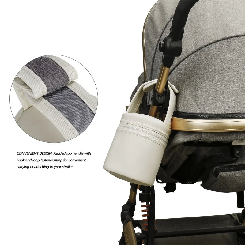 Off-white waterproof baby bottle bag with zipper and stroller attachment, ideal for mother and baby travel.