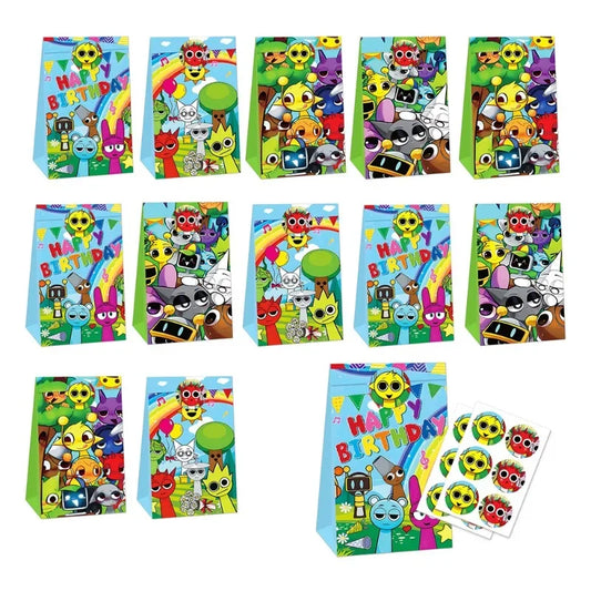 Colorful birthday party bags with cartoon character design on a white background