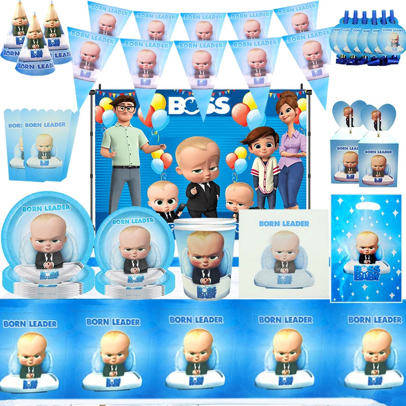 OHBaby birthday party accessory kit with gift bags, banners, and tableware featuring cartoon characters in blue and white.