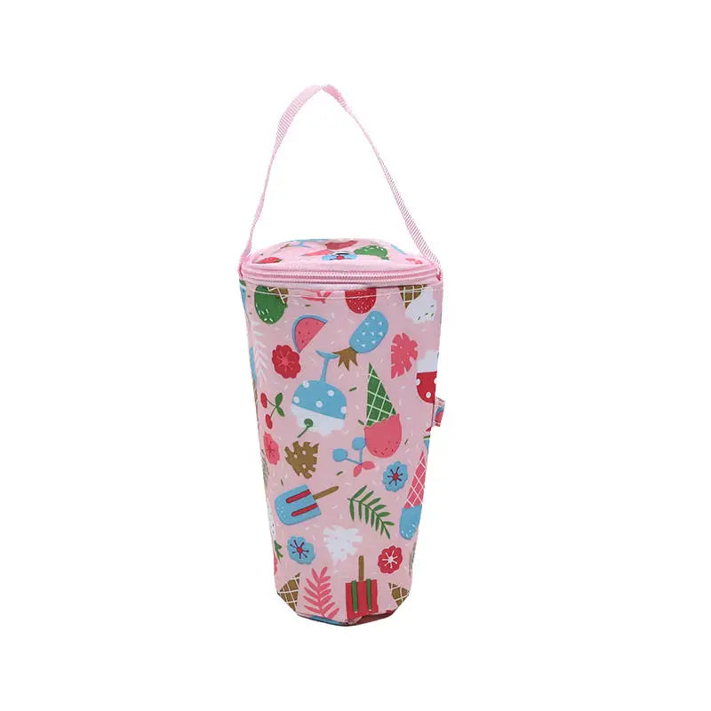 Pink insulated bottle bag with colorful patterns on a white background