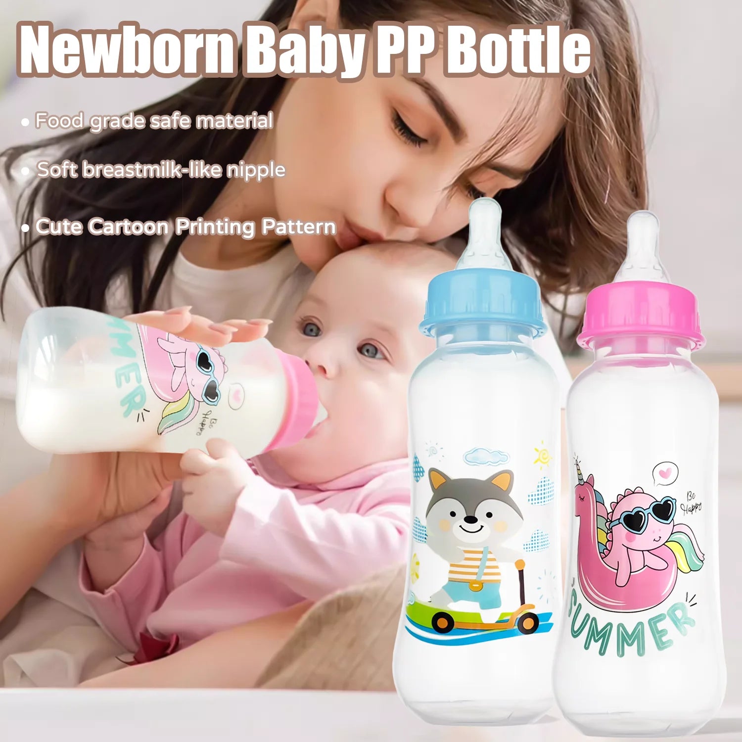 Newborn baby bottle with cartoon designs, featuring a mother and child, and text highlighting features.