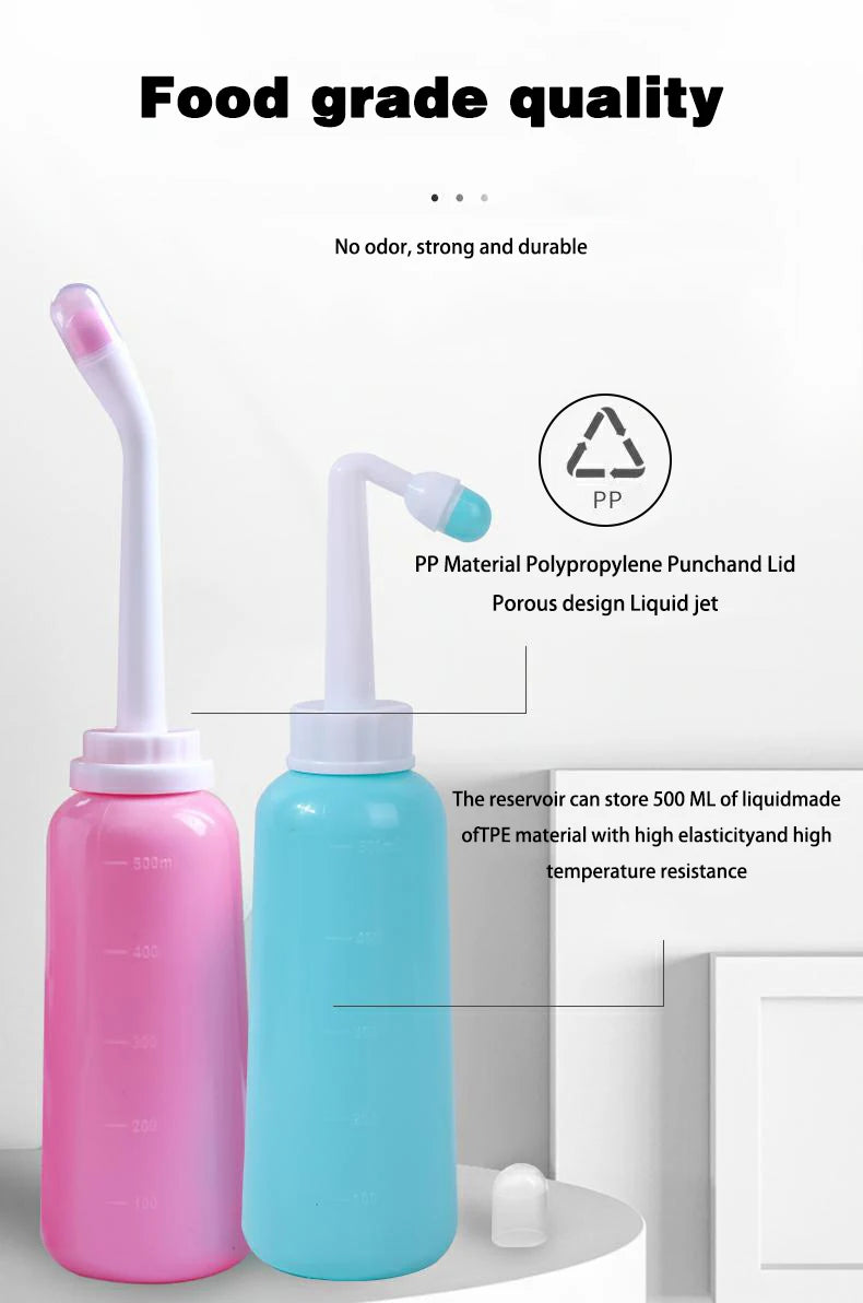 Two bottles, one pink and one blue, with a nozzle on a white background.