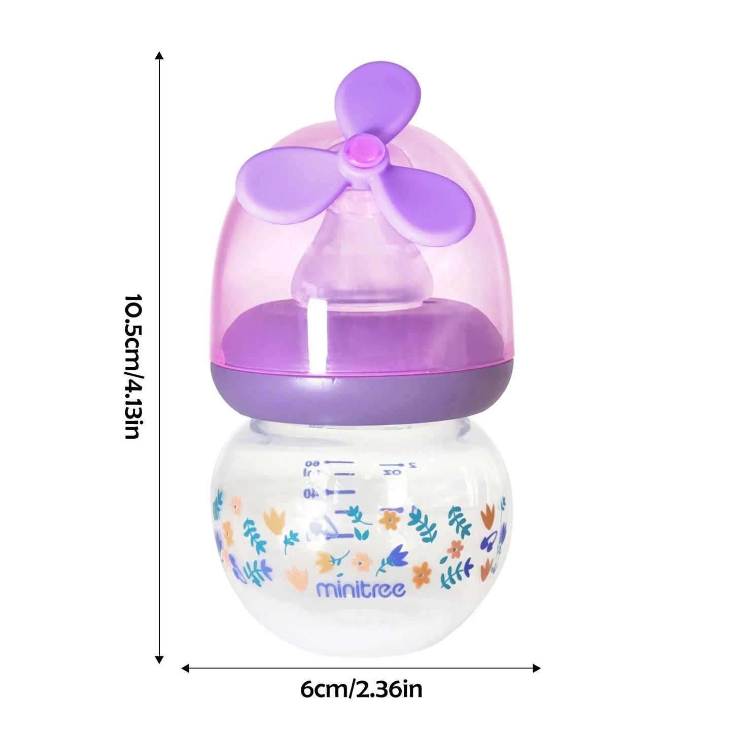 Baby bottle with floral design and purple cap, showing measurements on a white background