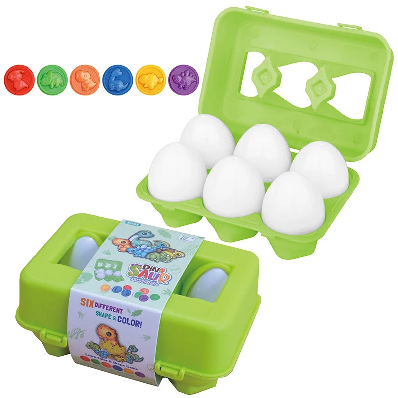 Green toy egg carton with white eggs and colorful labels on a white background