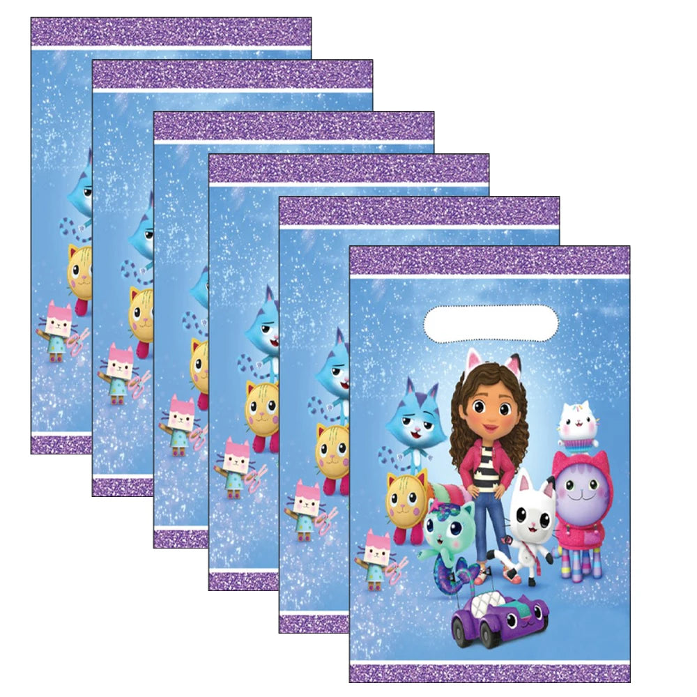 Set of party favor bags with cartoon characters on a blue and purple background