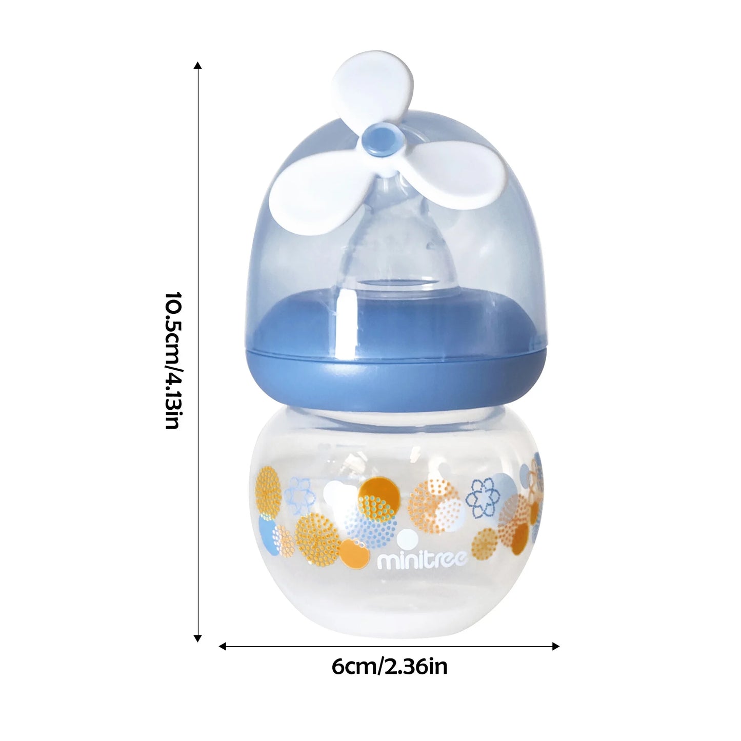Baby bottle with floral design and measurements on a white background