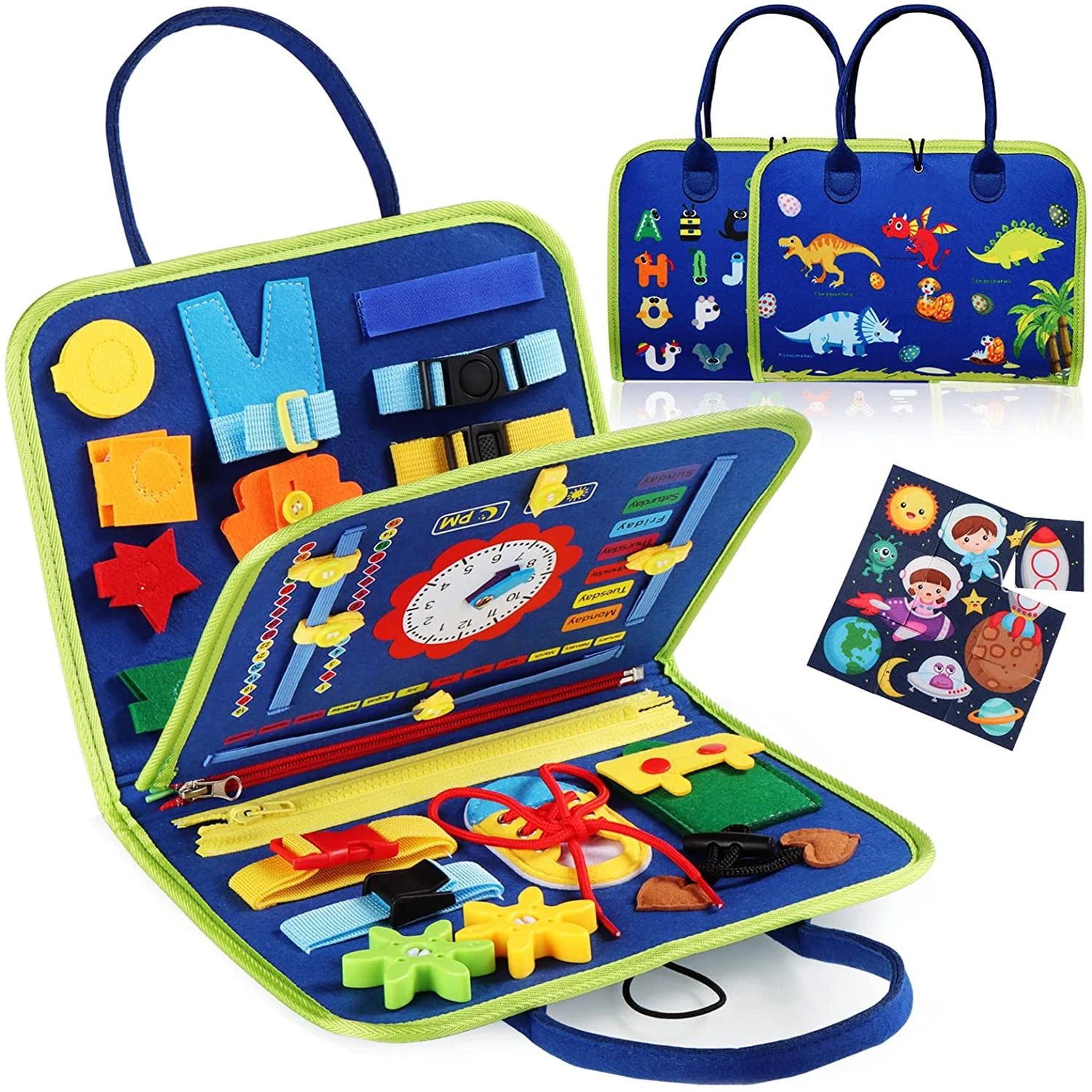 Educational toy with various interactive elements and a carrying case on a white background