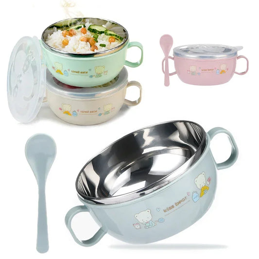 Adorable Cartoon Stainless Steel Baby Feeding Bowl Set - BPA Free, Insulated 300ml with Spoon for Kids