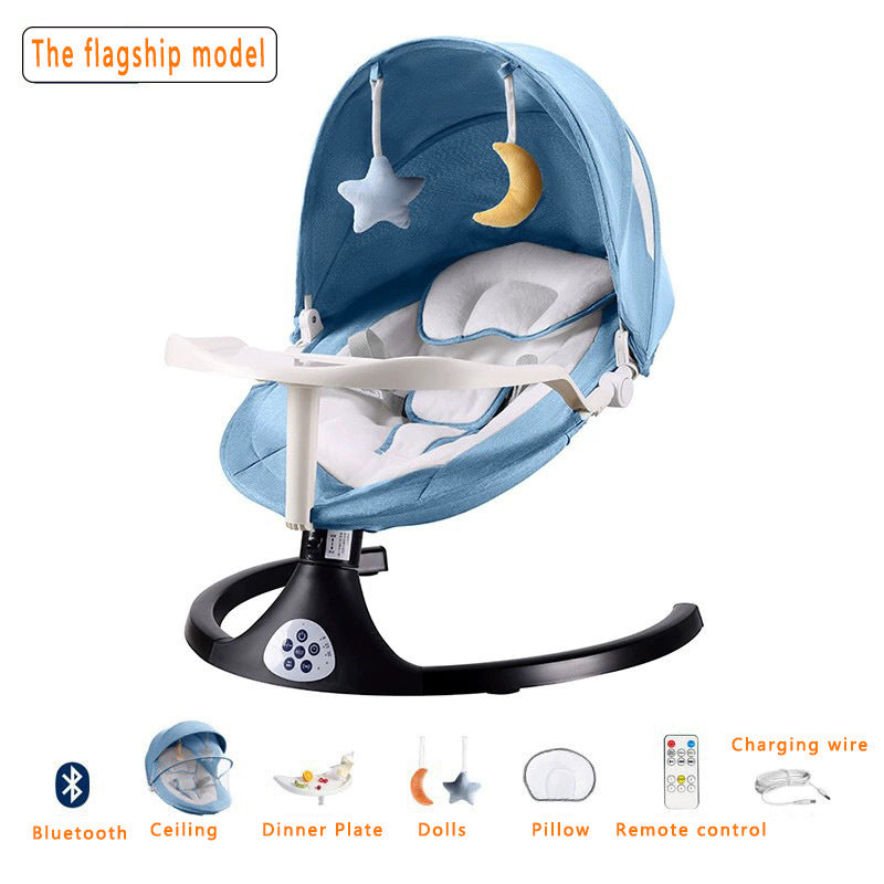 Baby swing with blue canopy and white interior on a white background