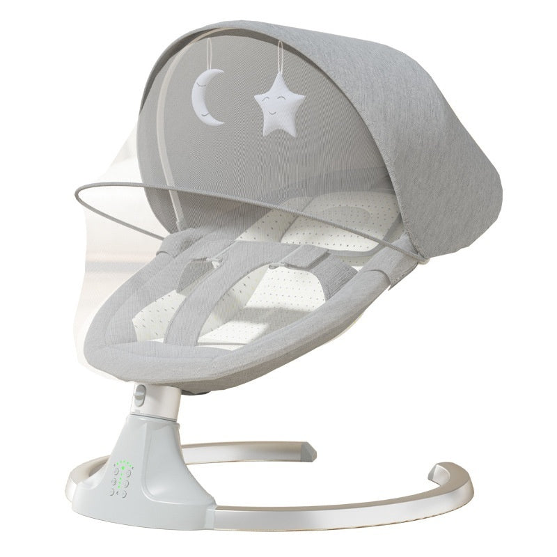 Baby swing with gray canopy and star and moon decorations on a white background