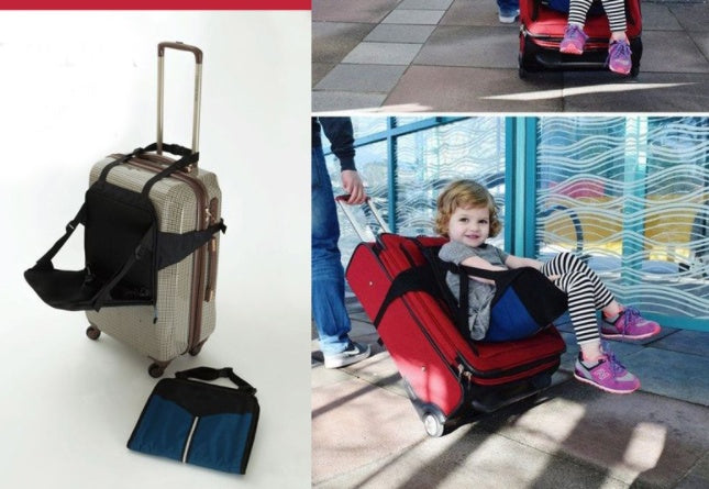 Collage of travel bags and a child using a travel seat on a suitcase.
