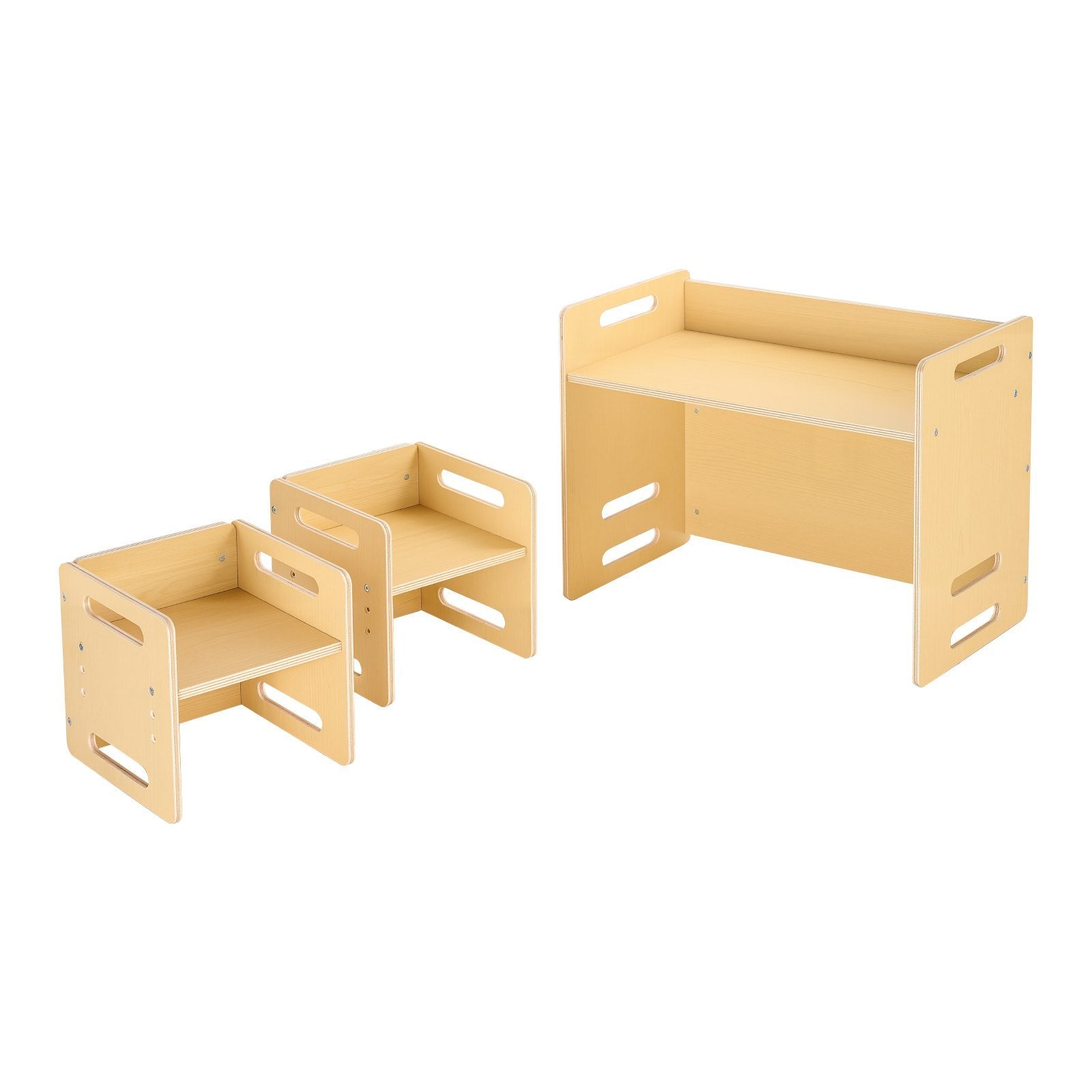 Set of wooden children's furniture including a desk and two chairs on a white background
