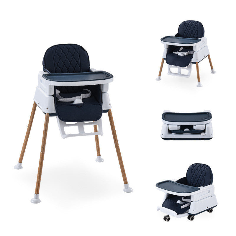 Multi-angle view of a high chair with black seat and white base on a white background