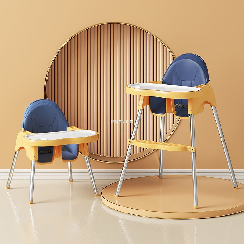 Two yellow high chairs with blue seats on a beige floor and wall.