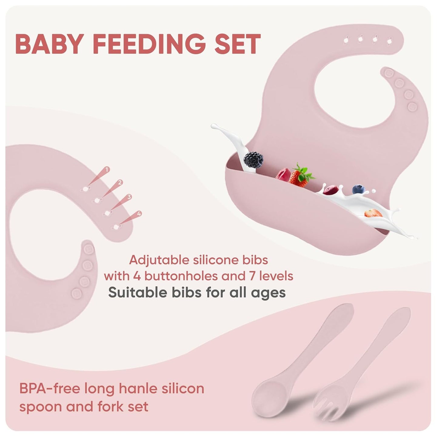 Saquela siliconen babyvoedingsset met zuignap – 10-delige baby-led weaning benodigdheden: zuigkom, verdeelde plaat, verstelbare zachte slab, lepel, vork, snackbeker en bestek, Sakura roze | Essentiële maaltijdset voor peuters
