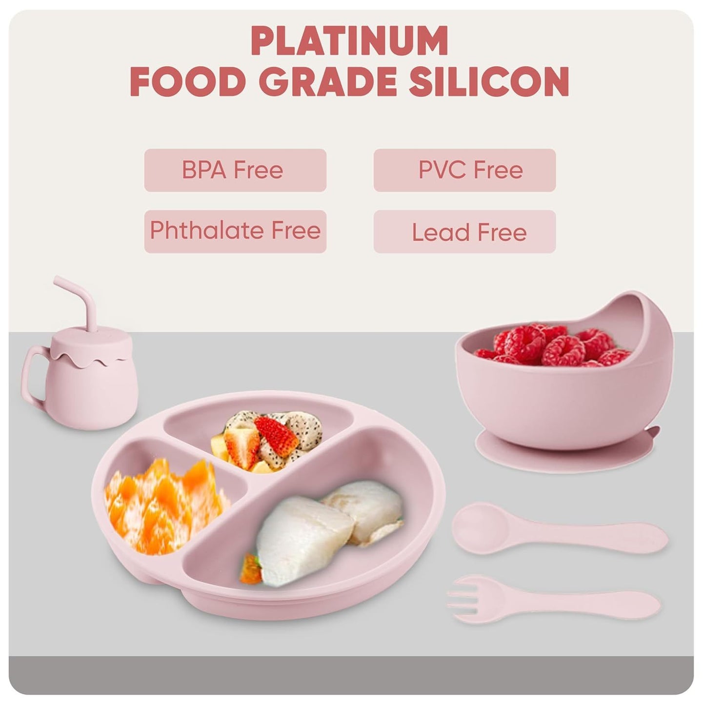 Saquela siliconen babyvoedingsset met zuignap – 10-delige baby-led weaning benodigdheden: zuigkom, verdeelde plaat, verstelbare zachte slab, lepel, vork, snackbeker en bestek, Sakura roze | Essentiële maaltijdset voor peuters