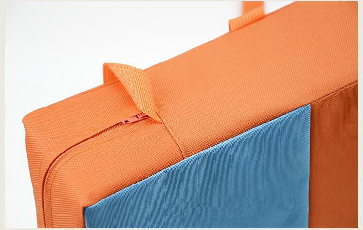 Orange and blue bag with a zipper on a white background