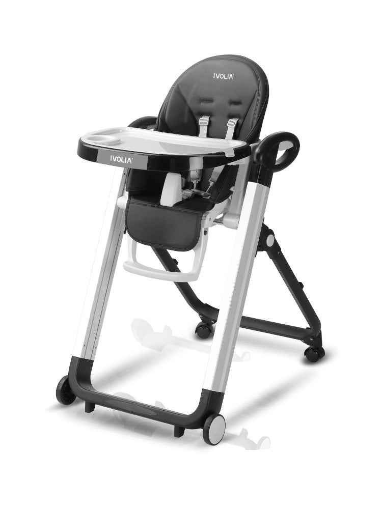 Black high chair with Evolur branding on a white background