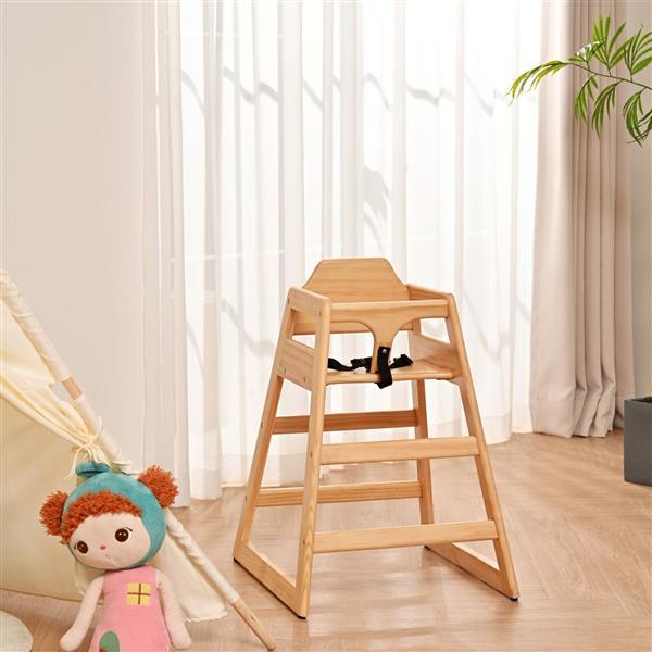 Wooden high chair in a room with curtains and a plant