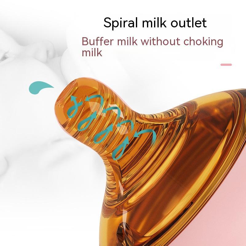 Spiral milk outlet design with text on a white background