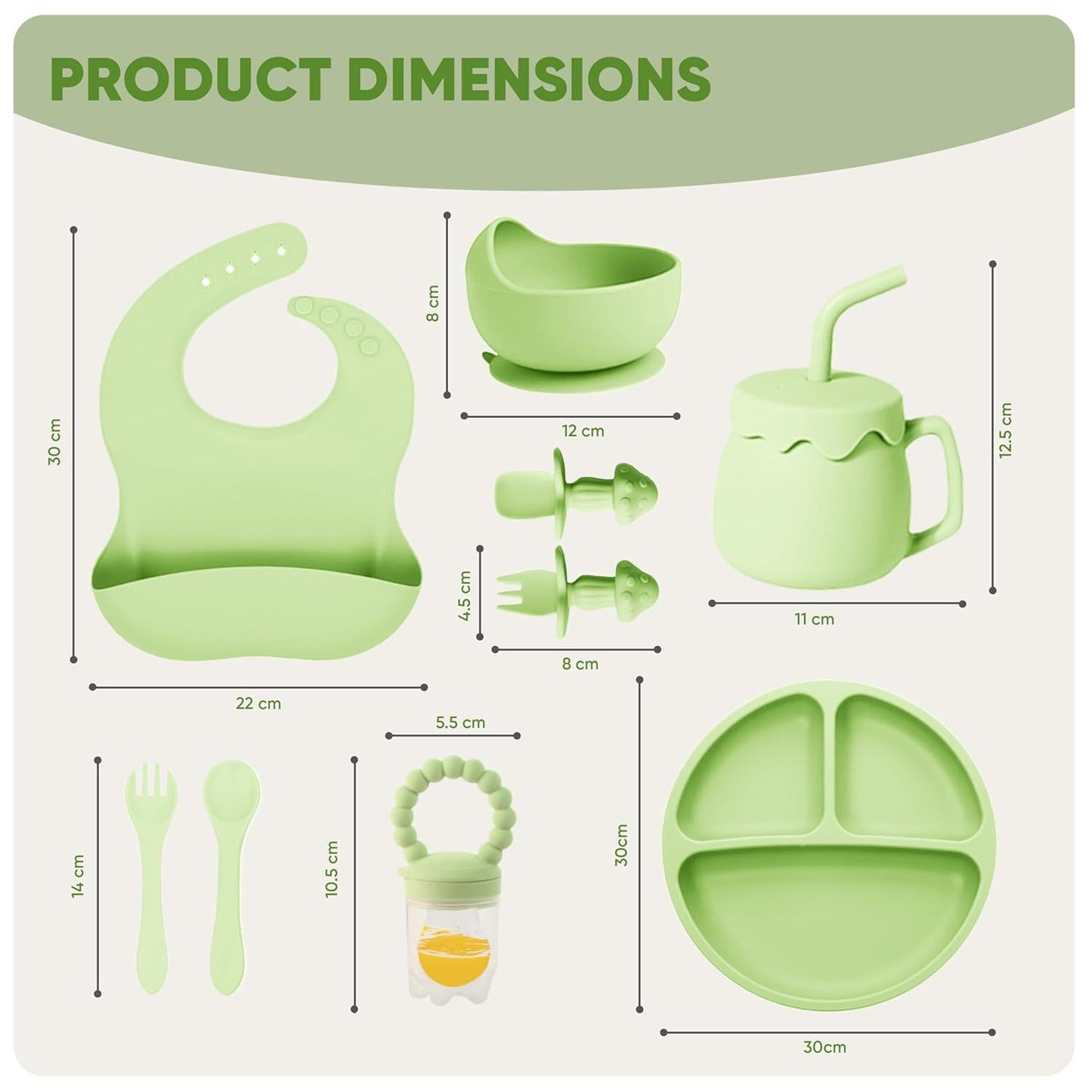 Adlytee siliconen babyvoedingsset met zuignap – 10-delige baby-led weaning benodigdheden: kom, verdeelde plaat, verstelbare zachte slab, lepel, vork, snackbeker en bestek, groen | essentiële maaltijdset voor peuters